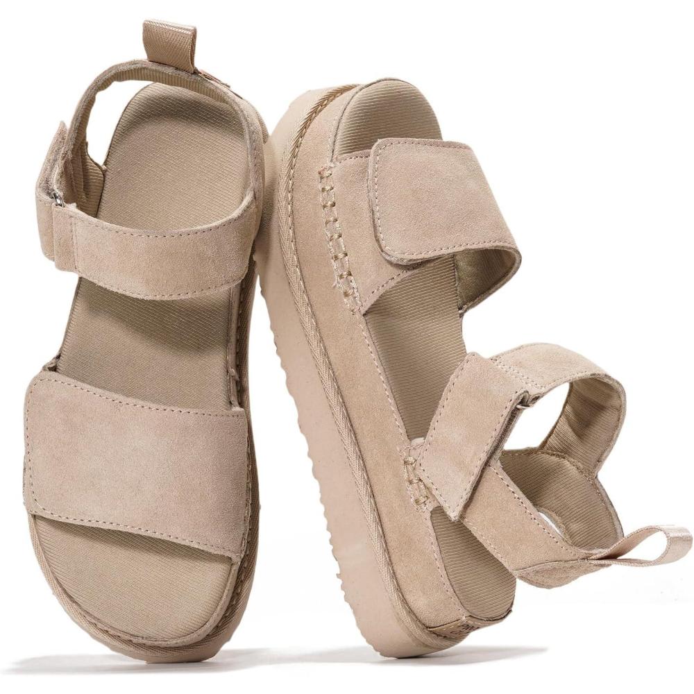 imageProject Cloud Genuine Leather Platform Sandals Women  Memory Foam Insole Slip Resistant Chunky Womens Sandals with adjustable straps  Stylish Women Footwear BronzestarWheat Suede