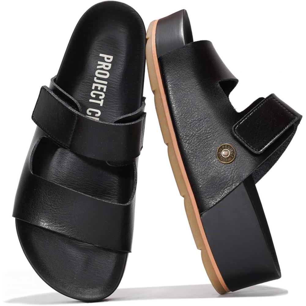 imageProject Cloud Genuine Leather Platform Sandals Women Footwear Beach Summer Wedges with Comfortable Memory Foam Insole Non Slip ampamp Lightweight Wedge Sandals for Women 2025Blackvegan Leather
