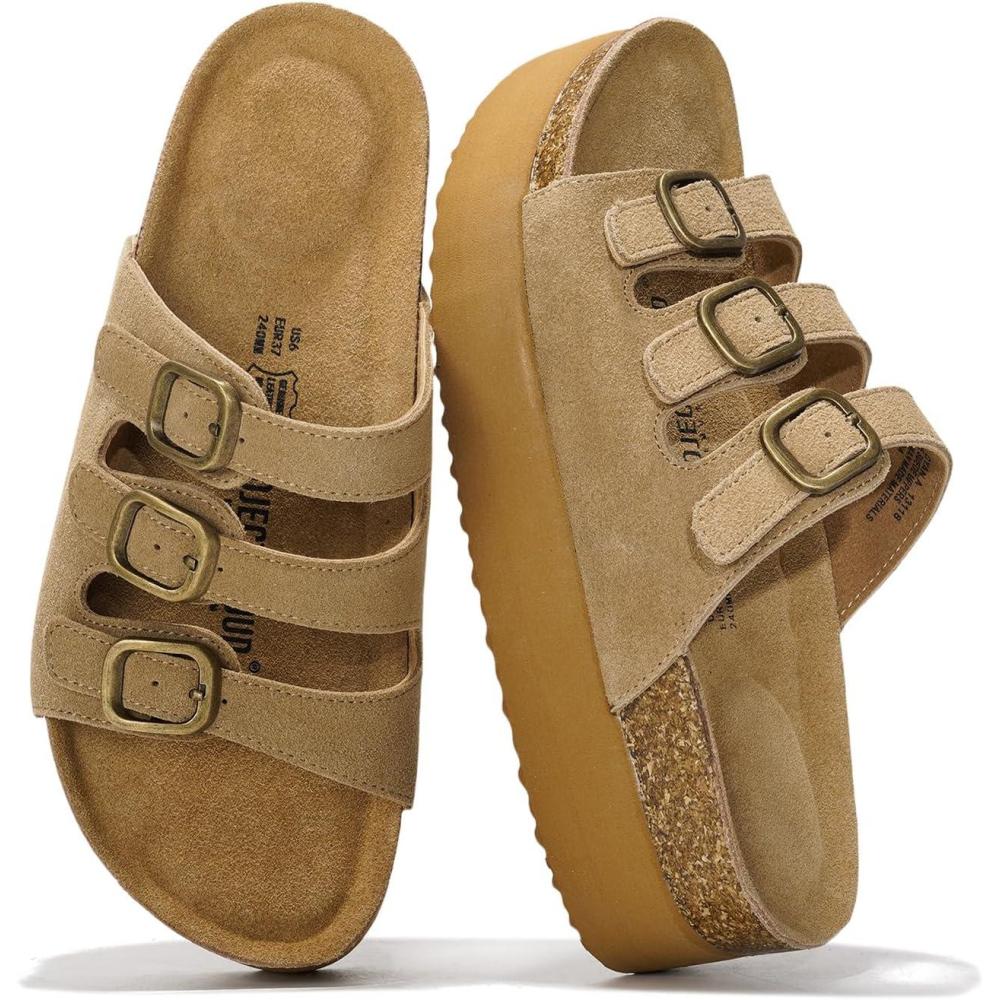 imageProject Cloud Genuine Leather Platform Sandals Women Footwear  Comfortable Wedges with Memory Foam Insole  Non Slip 3Strap Summer Sandals for Women 2025 DyanChestnut