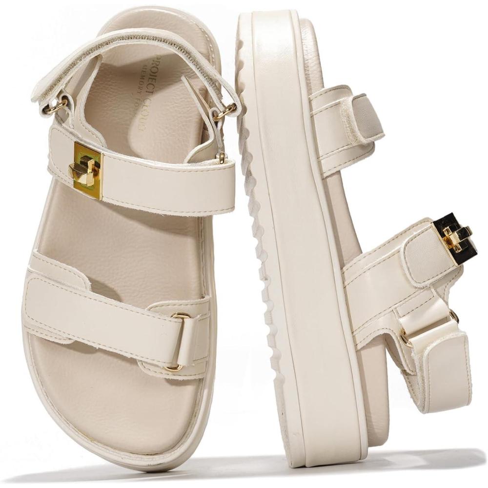 imageProject Cloud Genuine Leather Platform Sandals Women Footwear  Comfortable and Adjustable Strappy Summer Sandals for Women 2025  Memory Foam and NonSlip Slingback Beach SlidesBone