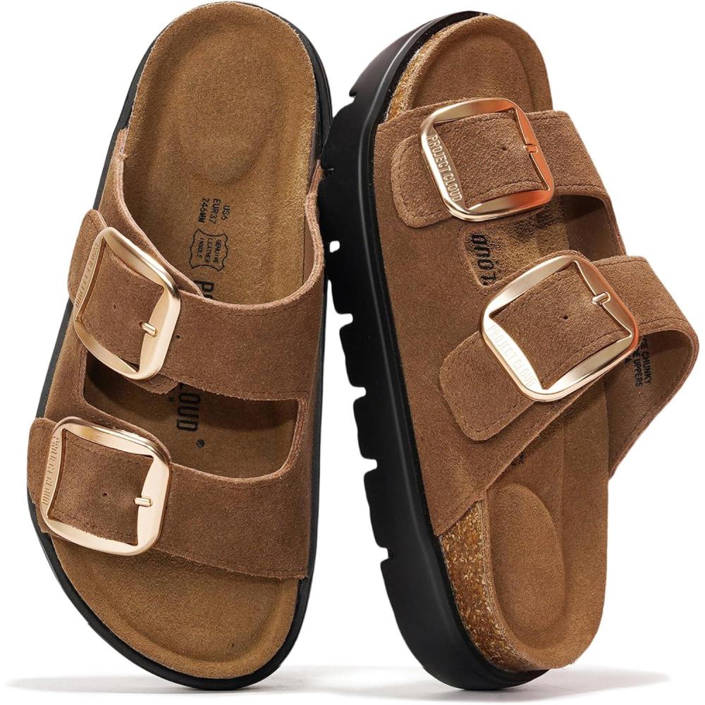 imageProject Cloud Genuine Leather Platform Sandals Women Footwear  Wedge Chunky Sandals Womens sandals with Memory Foam Insole and Cork Footbed GREECECHUNKYChoco Suede