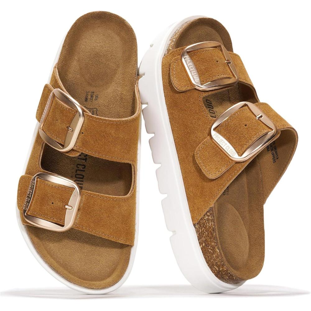 imageProject Cloud Genuine Leather Platform Sandals Women Footwear  Wedge Chunky Sandals Womens sandals with Memory Foam Insole and Cork Footbed GREECECHUNKYChestnut Suede