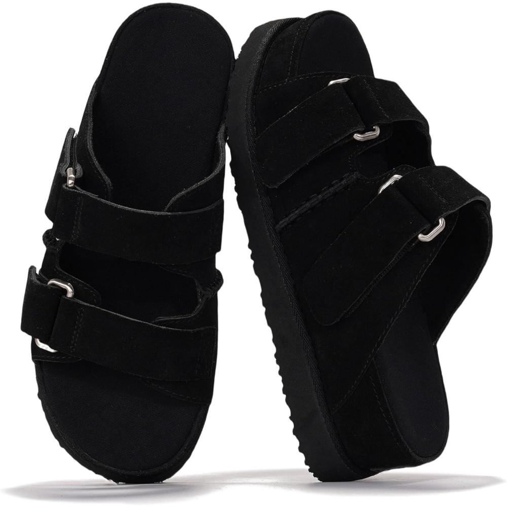 imageProject Cloud Genuine Leather Platform Womens Sandals  DoubleStrap NonSlip Platform Sandals Women with Memory Foam Insole  Chunky Heeled Women Footwear SilverstarBlack Suede