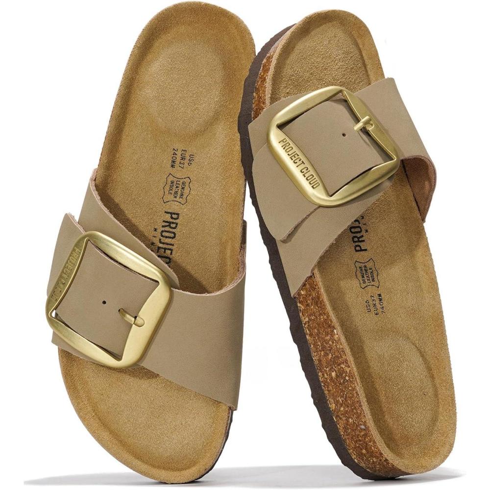 imageProject Cloud Genuine Leather Sandals Women Dressy Summer Beach Essentials  Flip Flops ampamp Slides with Memory Foam Insole Womens Sandals Comfortable FootwearBeigebigger Buckle