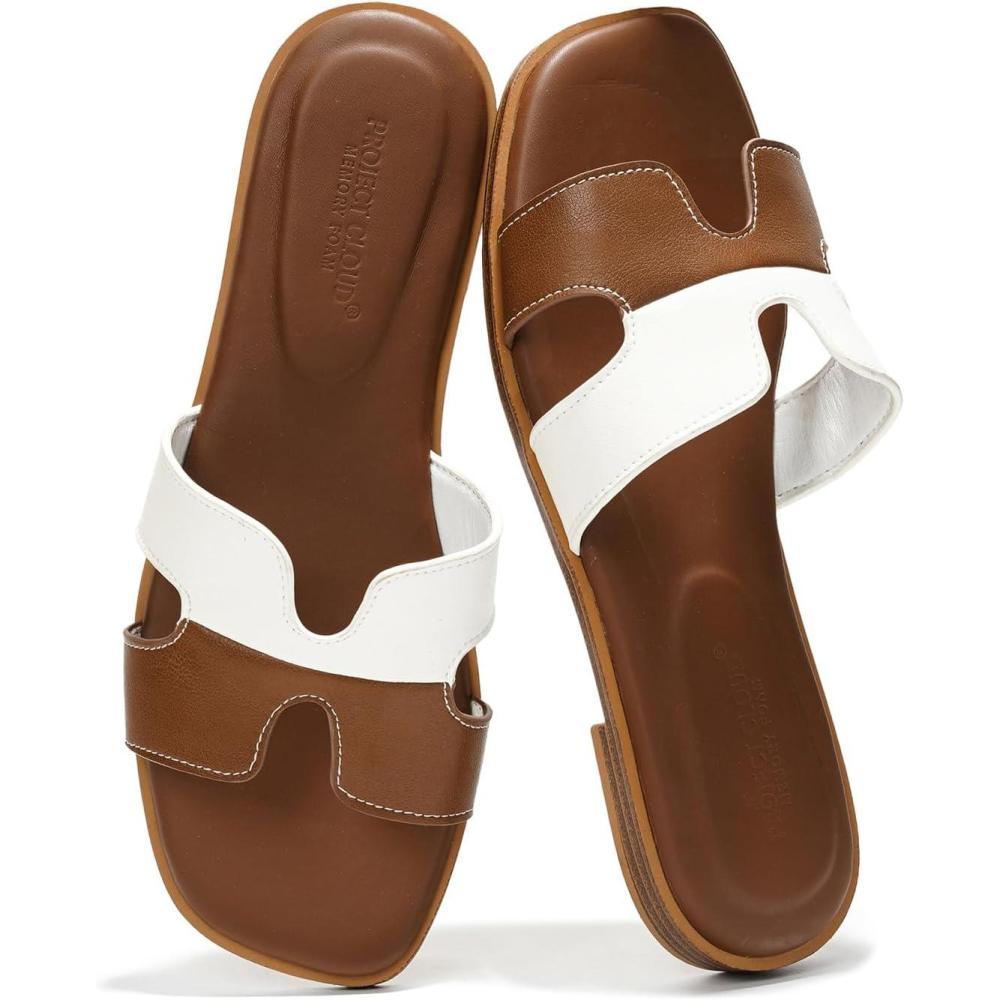 imageProject Cloud Genuine Leather Sandals for Women  Fashion Flat Womens Sandals with Memory Foam Insole Slides Sandals Women Footwear  Mules Womens Sandals JannelBrown White