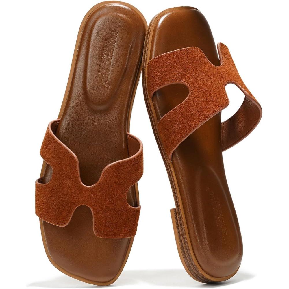 imageProject Cloud Genuine Leather Sandals for Women  Fashion Flat Womens Sandals with Memory Foam Insole Slides Sandals Women Footwear  Mules Womens Sandals JannelBrown