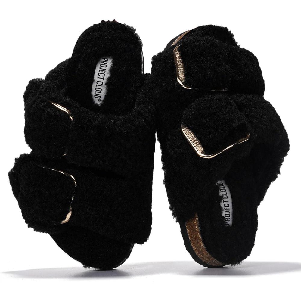 imageProject Cloud Genuine Leather Slides For Kids  Natural Cork Footbed Slides for Kids Sandals for Girls ampamp Boys  NonSlip Boys ampamp Girls SandalsBlack Fur