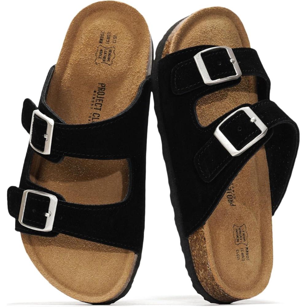 imageProject Cloud Genuine Leather Slides For Kids  Natural Cork Footbed Slides for Kids Sandals for Girls ampamp Boys  NonSlip Boys ampamp Girls SandalsBlack Suede