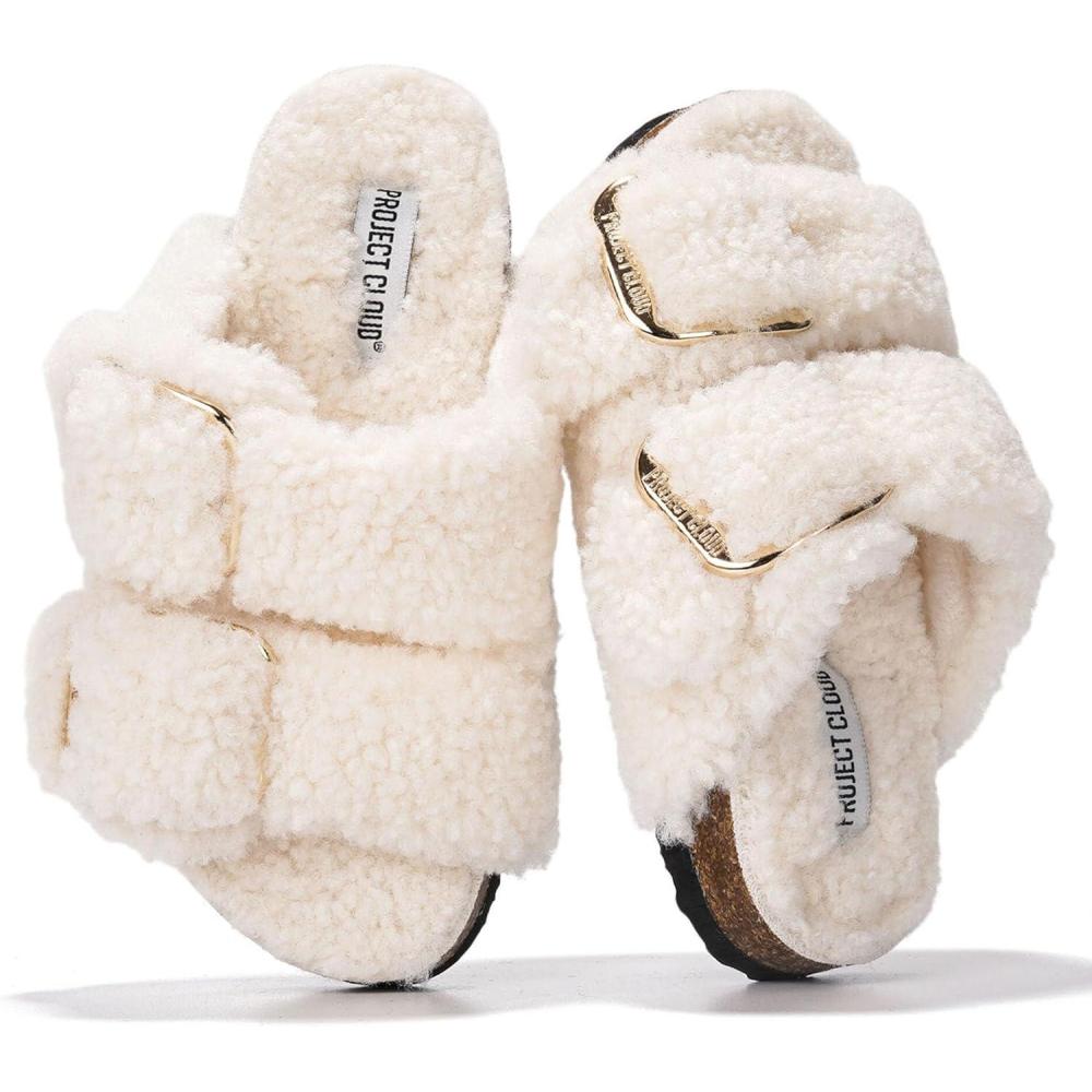 imageProject Cloud Genuine Leather Slides For Kids  Natural Cork Footbed Slides for Kids Sandals for Girls ampamp Boys  NonSlip Boys ampamp Girls SandalsOff White Fur