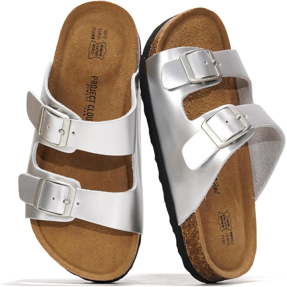 imageProject Cloud Genuine Leather Slides For Kids  Natural Cork Footbed Slides for Kids Sandals for Girls ampamp Boys  NonSlip Boys ampamp Girls SandalsSilver