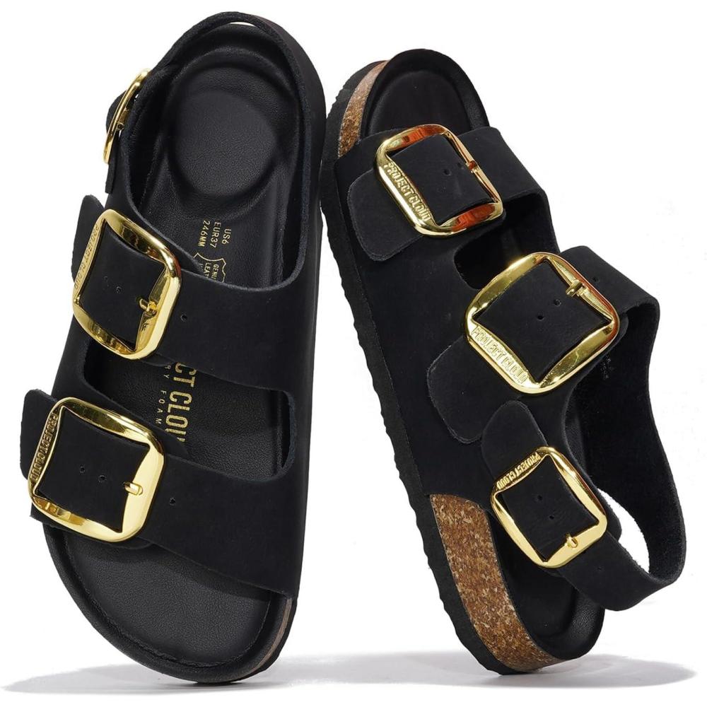 imageProject Cloud Genuine Leather Summer Sandals for Women 2025  Memory Foam Slingback Womens Sandals Comfortable and Non Slip Beach Slides with Big Buckle GardaBlack