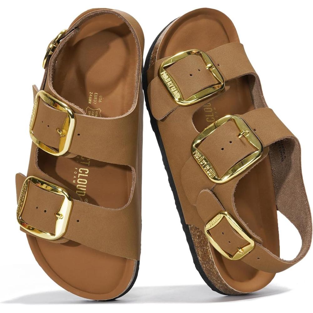 imageProject Cloud Genuine Leather Summer Sandals for Women 2025  Memory Foam Slingback Womens Sandals Comfortable and Non Slip Beach Slides with Big Buckle GardaTan