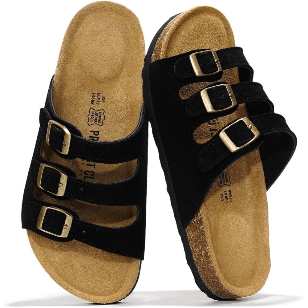 imageProject Cloud Genuine Leather Summer Sandals for Women 2025  Memory Foam ampamp Cork Footbed Beach Vacation Essentials Womens Sandals Comfortable Lightweight Slides for Women Footwear CapriBlack Suede