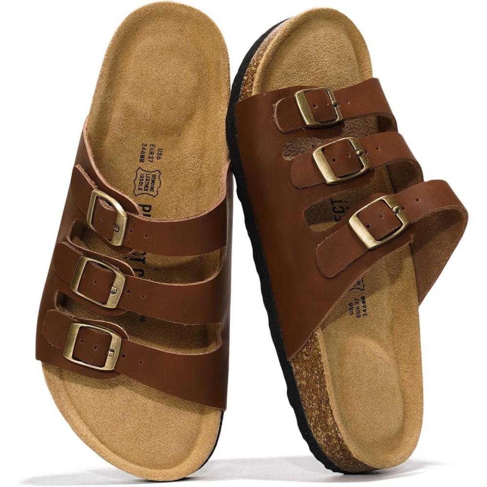 imageProject Cloud Genuine Leather Summer Sandals for Women 2025  Memory Foam ampamp Cork Footbed Beach Vacation Essentials Womens Sandals Comfortable Lightweight Slides for Women Footwear CapriCognac