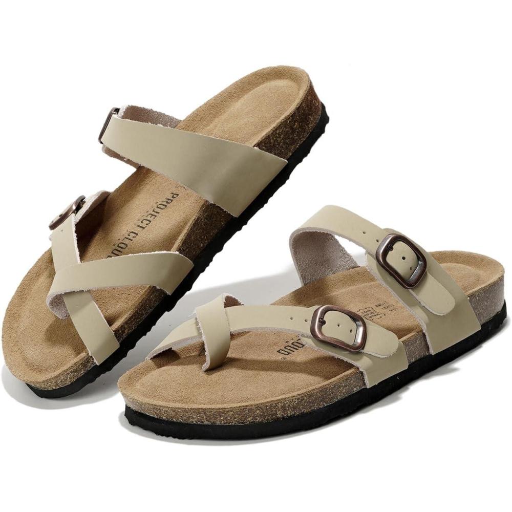 imageProject Cloud Genuine Leather Womens Sandals  Comfortable Cork Footbed Slides with Memory Foam Beach Essential Summer Sandals For Women 2025 LianBeige