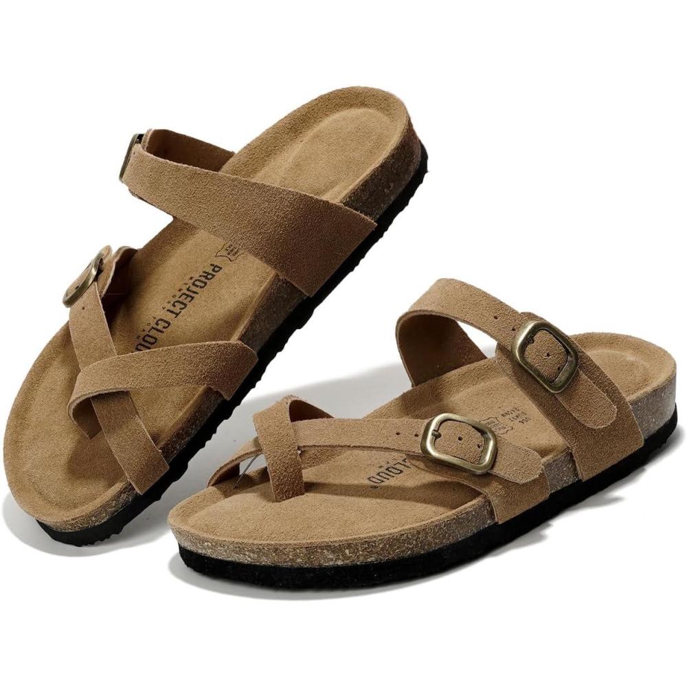 imageProject Cloud Genuine Leather Womens Sandals  Comfortable Cork Footbed Slides with Memory Foam Beach Essential Summer Sandals For Women 2025 LianChestnut