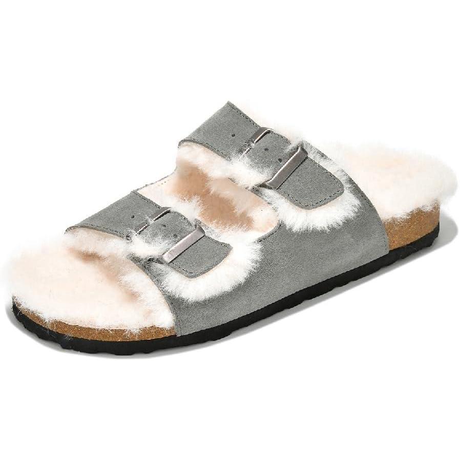 imageProject Cloud Genuine Suede House Slippers for Women  Cozy Womens Sandals Shearling Fur Lining Slides  Adjustable Straps Sandals for Women 2025 DianeaGrey