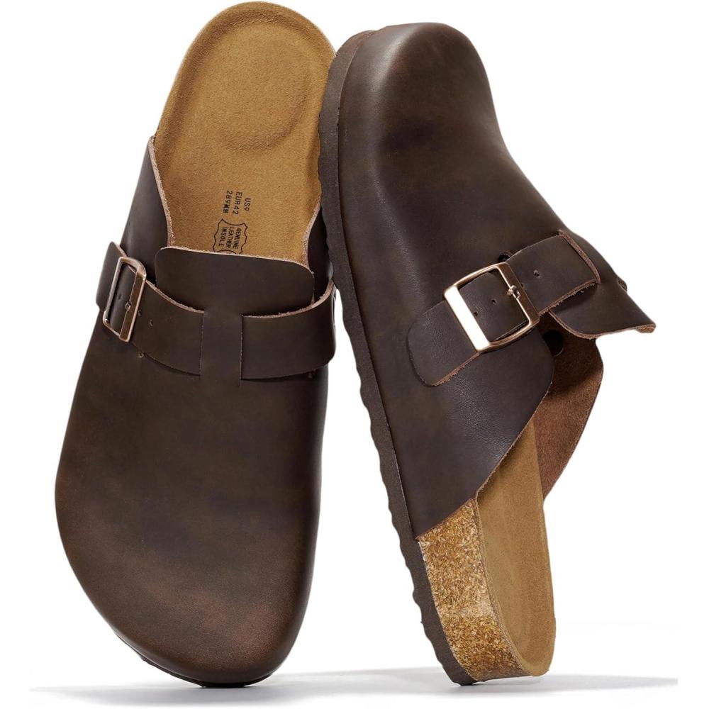 imageProject Cloud Mens Clogs  100 Full Grain Genuine Leather Memory Foam Clogs for Men Arch Support Cork Footbed  Non Slip Platform Mules BrooklynChocolate Distressed