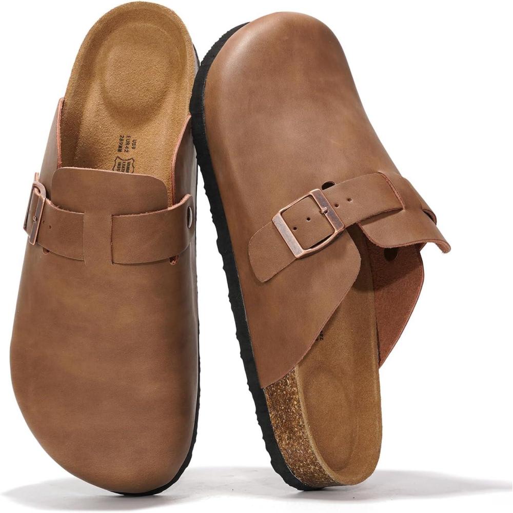 imageProject Cloud Mens Clogs  100 Full Grain Genuine Leather Memory Foam Clogs for Men Arch Support Cork Footbed  Non Slip Platform Mules BrooklynCognac Distressed