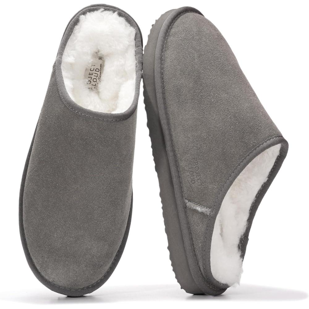 imageProject Cloud Mens Slippers 100 Genuine Leather and Genuine Shearling Lining  House Slippers for Men with Memory Foam Insole  Lightweight ampamp Non Slip Mens House Shoes ChillGrey Suede