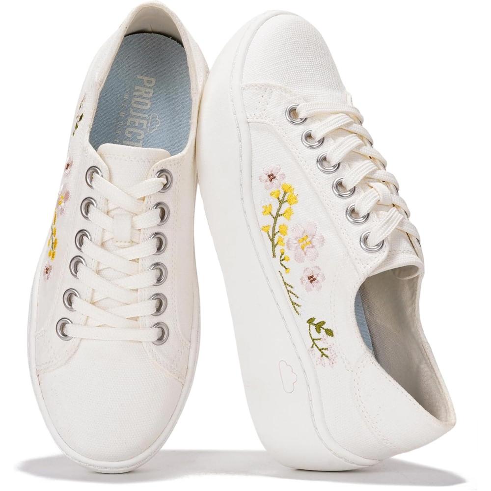 imageProject Cloud Platform Sneakers for Women Lightweight Womens Sneakers with Memory Foam Insole Non Slip LaceUp Womens Shoes Perfect Summer Shoes for Women 2025 BossyOffwhite Flowers