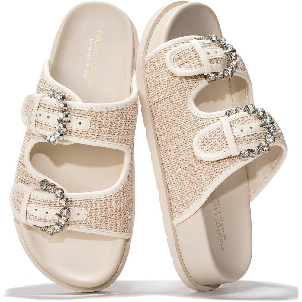 imageProject Cloud Platform Summer Sandals for Women 2025  Comfortable and Adjustable Straps Summer Slides with Memory Foam Insole  NonSlip Casual Womens SandalsOffwhite Raffia