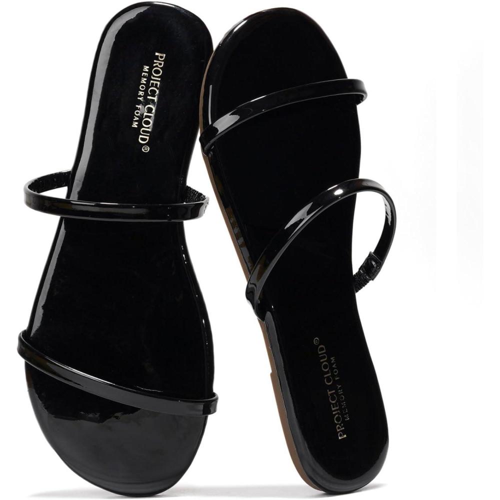 imageProject Cloud Summer Sandals for Women 2025  Memory Foam Insole and Vegan Leather Beach Flip Flops for Women  Non Slip and Lightweight Double Strap Womens Sandals TransitionBlack Patent