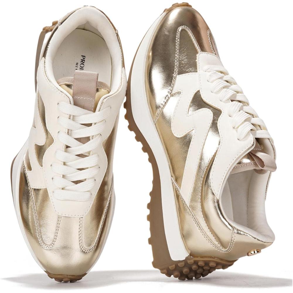 imageProject Cloud Trendy Sneakers for Women Memory Foam and NonSlip Comfortable Casual Ladies Shoes for Womens Fashion Sneakers Lightweight Laceup Shoes LeccoGold