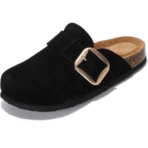 Project Cloud 100% Genuine Leather Clogs for Women Shoes – Memory Foam Insole, Non-Slip & Natural Cork Footbed Arch Support Big Buckle Womens Clogs and Mules Footwear (Manchester)(Black)