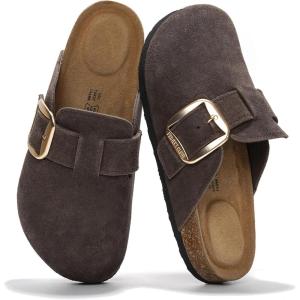 Project Cloud 100% Genuine Leather Clogs for Women Shoes – Memory Foam Insole, Non-Slip & Natural Cork Footbed Arch Support Big Buckle Womens Clogs and Mules Footwear (Manchester)(Choco Brown Suede)
