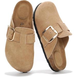 Project Cloud 100% Genuine Leather Clogs for Women Shoes – Memory Foam Insole, Non-Slip & Natural Cork Footbed Arch Support Big Buckle Womens Clogs and Mules Footwear (Manchester)(Beige)