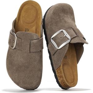 Project Cloud 100% Genuine Leather Clogs for Women Shoes – Memory Foam Insole, Non-Slip & Natural Cork Footbed Arch Support Big Buckle Womens Clogs and Mules Footwear (Manchester)(Mushroom Suede)