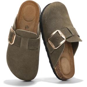 Project Cloud 100% Genuine Leather Clogs for Women Shoes – Memory Foam Insole, Non-Slip & Natural Cork Footbed Arch Support Big Buckle Womens Clogs and Mules Footwear (Manchester)(Olive)