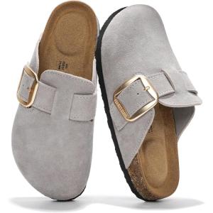 Project Cloud 100% Genuine Leather Clogs for Women Shoes – Memory Foam Insole, Non-Slip & Natural Cork Footbed Arch Support Big Buckle Womens Clogs and Mules Footwear (Manchester)(Grey)