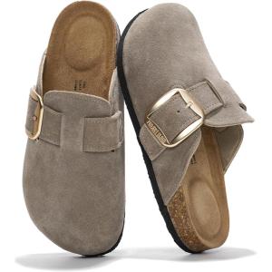 Project Cloud 100% Genuine Leather Clogs for Women Shoes – Memory Foam Insole, Non-Slip & Natural Cork Footbed Arch Support Big Buckle Womens Clogs and Mules Footwear (Manchester)(Taupe)