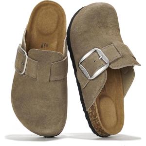Project Cloud 100% Genuine Leather Clogs for Women Shoes – Memory Foam Insole, Non-Slip & Natural Cork Footbed Arch Support Big Buckle Womens Clogs and Mules Footwear (Manchester)(Storm Suede)