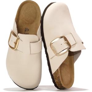 Project Cloud 100% Genuine Leather Clogs for Women Shoes – Memory Foam Insole, Non-Slip & Natural Cork Footbed Arch Support Big Buckle Womens Clogs and Mules Footwear (Manchester)(Winter White)