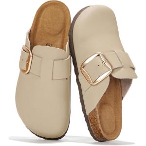 Project Cloud 100% Genuine Leather Clogs for Women Shoes – Memory Foam Insole, Non-Slip & Natural Cork Footbed Arch Support Big Buckle Womens Clogs and Mules Footwear (Manchester)(Nude)