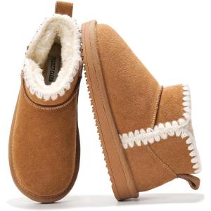 Project Cloud 100% Genuine Leather Girls Boots – Water Resistant & Lightweight Ankle Boots with Memory Foam – Cozy & Fur Non Slip Kids Boots for Girls & Boys, Perfect for Fall(Chestnut Stitch)