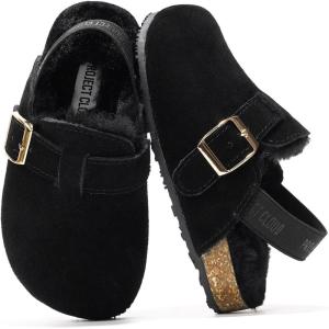 Project Cloud 100% Genuine Leather Kids Clogs with Cork Footbed Arch Support – Non-Slip Slippers & Sandals for Boys & Girls Footwear(Black Fur Lined)