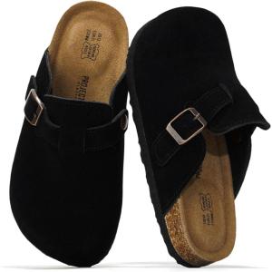 Project Cloud 100% Genuine Leather Kids Clogs with Cork Footbed Arch Support – Non-Slip Slippers & Sandals for Boys & Girls Footwear(Black Suede)