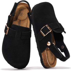 Project Cloud 100% Genuine Leather Kids Clogs with Cork Footbed Arch Support – Non-Slip Slippers & Sandals for Boys & Girls Footwear(Black Suede With Back Strap)