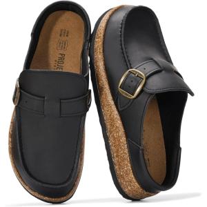 Project Cloud 100% Genuine Leather Moccasin-Style Clogs for Women – Memory Foam and Water Resistant Mules Slip-on – Non-Slip and Durable Clogs Casual Shoes for Women Footwear (Carline)(Black Distressed)