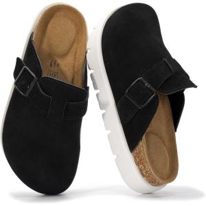 Project Cloud 100% Genuine Leather Platform Clogs for Women Footwear – Memory Foam Arch Support Cork Footbed Casual Shoes & Mules for Women 2025 (Benton Chunky)(Black)