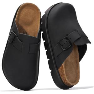 Project Cloud 100% Genuine Leather Platform Clogs for Women Footwear – Memory Foam Arch Support Cork Footbed Casual Shoes & Mules for Women 2025 (Benton Chunky)(Black Leather Mono)