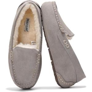 Project Cloud 100% Genuine Leather Slippers for Women – Fur Lined Outdoor Slippers for Women Footwear with Memory Foam – Stylish Womens Moccasin (Cathi)(Grey)