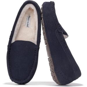 Project Cloud 100% Genuine Leather Slippers for Women – Fur Lined Outdoor Slippers for Women Footwear with Memory Foam – Stylish Womens Moccasin (Cathi)(Navy Suede)