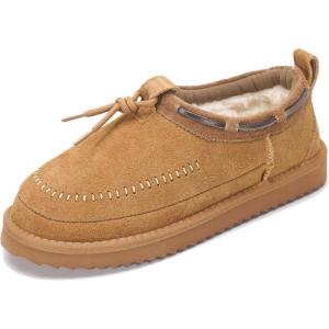 Project Cloud 100% Genuine Leather Slippers for Women – Plush Fleece Lining Moccassin Womens Slippers with Memory Foam Cushion – Indoor Outdoor Fuzzy Women Slip On Shoes (Timber)(Chestnut Suede)