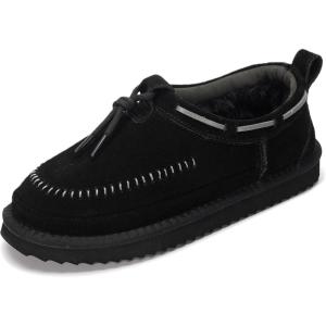 Project Cloud 100% Genuine Leather Slippers for Women – Plush Fleece Lining Moccassin Womens Slippers with Memory Foam Cushion – Indoor Outdoor Fuzzy Women Slip On Shoes (Timber)(Black Suede)