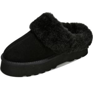 Project Cloud 100% Genuine Leather Slippers for Women Footwear – Memory Foam Clogs and Mules for Women 2025 – Non Slip and Lightweight Fur Slippers (Viki)(Black – Snowy)